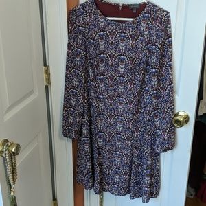 Purple, burgundy, orange print long sleeved dress